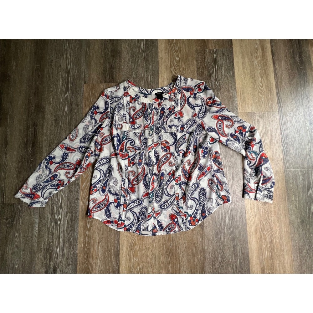 Ann Taylor Blouse Women XL White Paisley Button Front Long Sleeve‎ Pockets